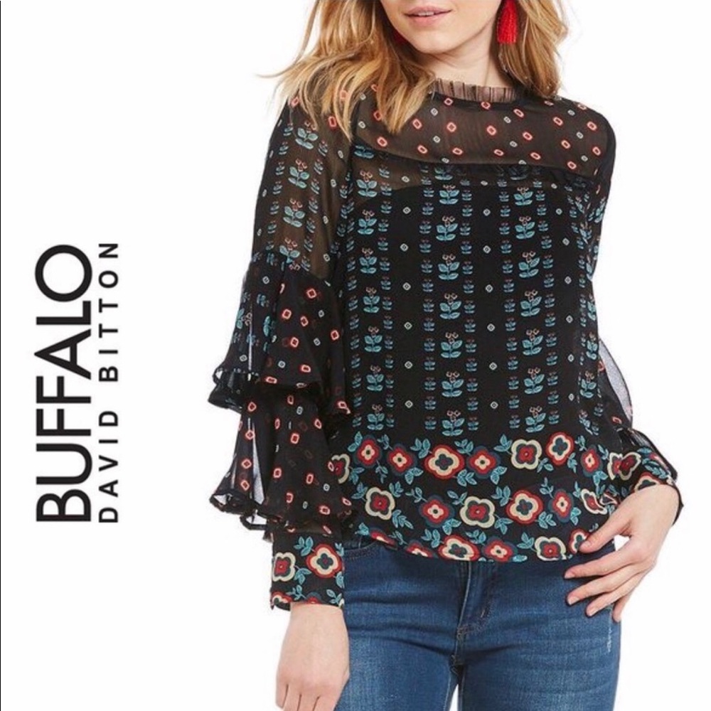 Buffalo David Bitton Black Ruffle Floral Blouse S